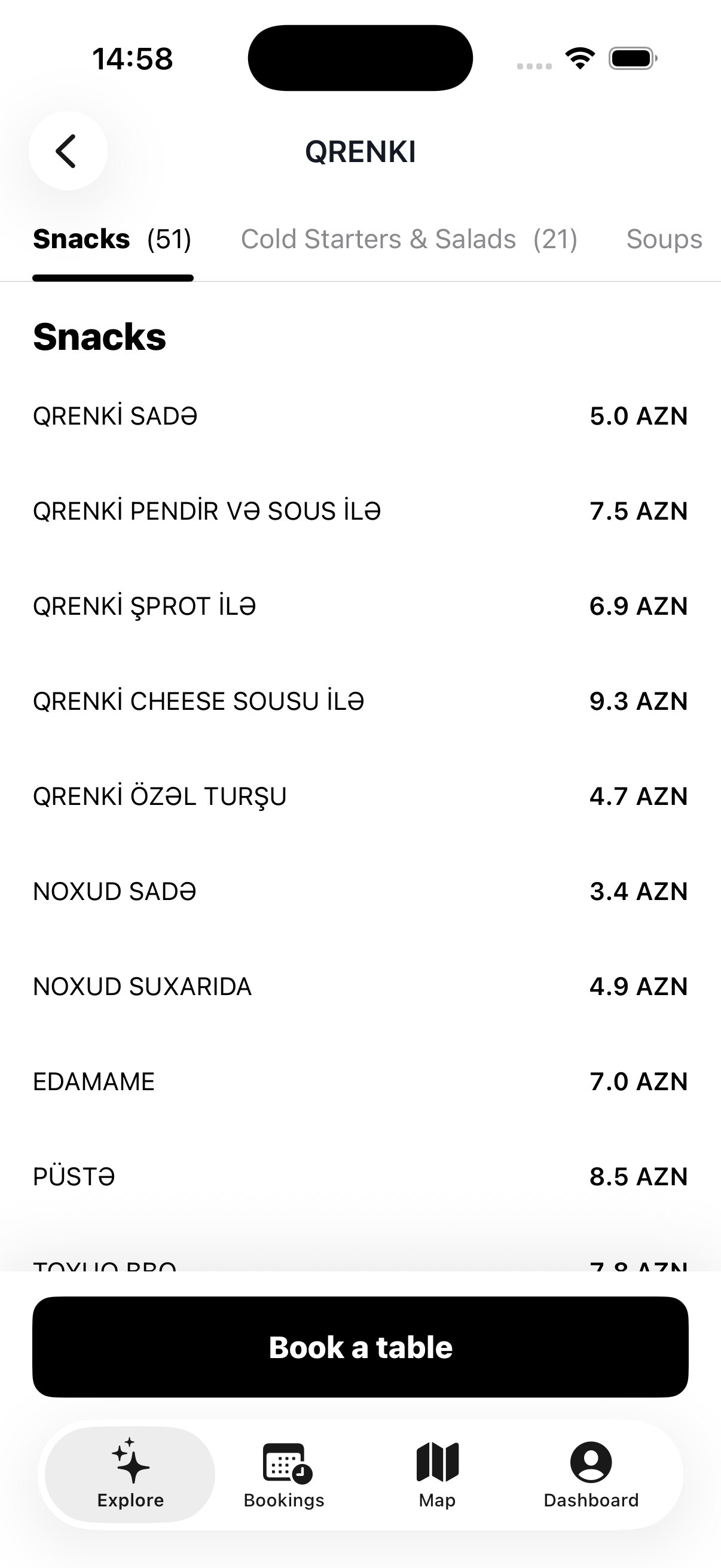 ReserveAz tətbiqində məkan menyusu